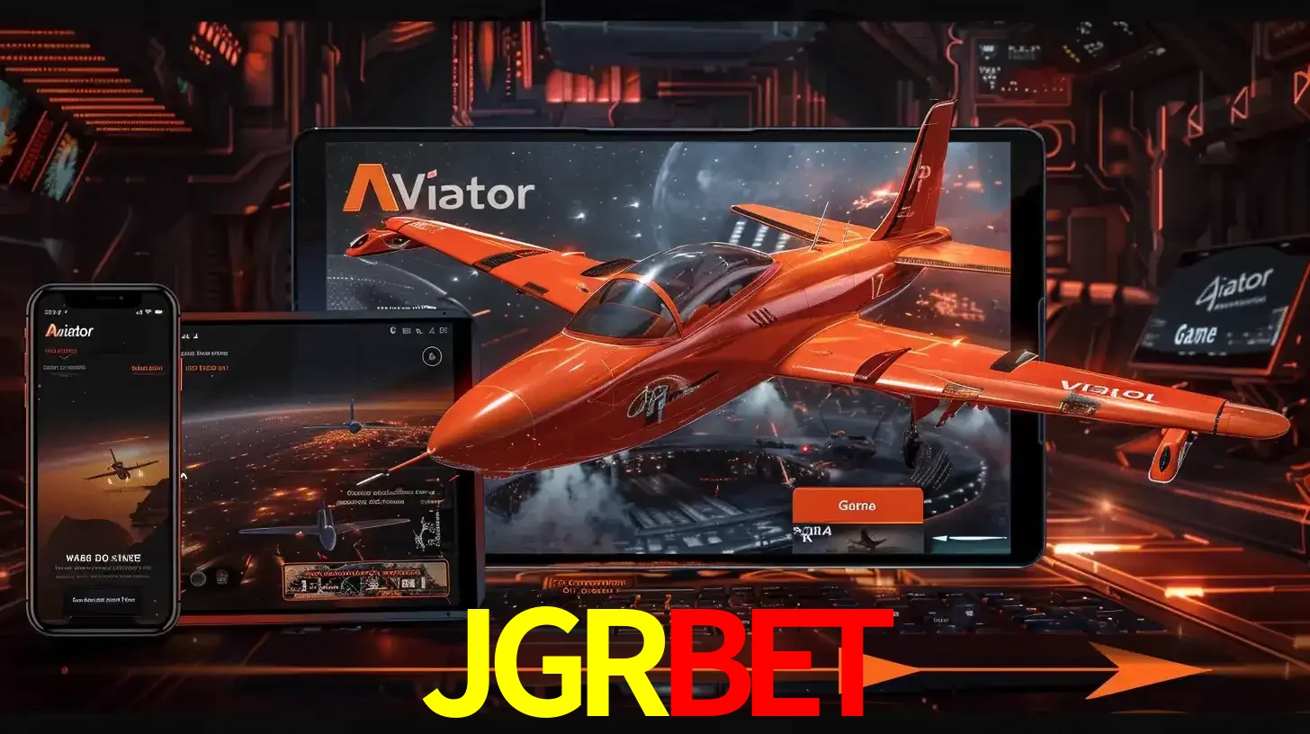 Apresentação tecnológica do jogo Aviator com um avião saindo da tela de um tablet, demonstrando a experiência imersiva em múltiplos dispositivos no JGRBET.