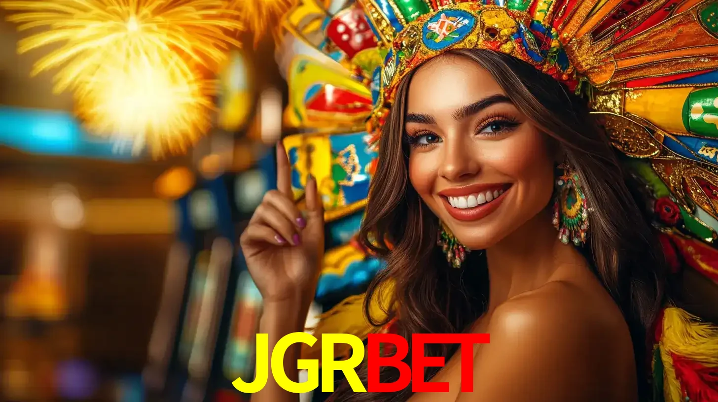 Mulher sorridente com um cocar de carnaval vibrante e colorido, celebrando uma grande vitória nos jogos do cassino JGRBET com fogos de artifício ao fundo.