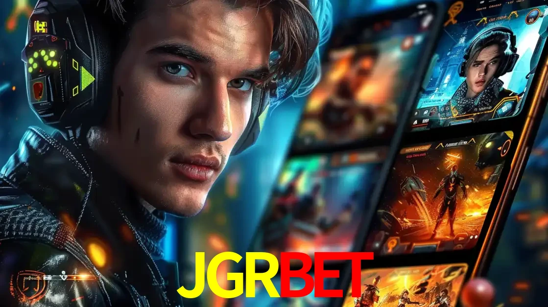 Jovem jogador com fones de ouvido olhando para a câmera, com um aplicativo de jogos e e-sports para celular ao fundo, pronto para a competição e apostas no JGRBET.