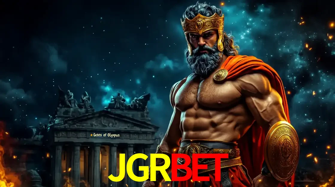 O poderoso Zeus do jogo de slot Gates of Olympus em frente ao seu templo, pronto para lançar multiplicadores divinos e prêmios épicos no cassino online JGRBET.