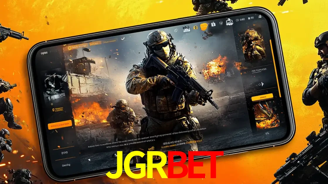 Um smartphone exibindo a interface de um jogo de tiro em primeira pessoa, com um soldado em um cenário de batalha, representando a ação dos e-sports para apostar no JGRBET.