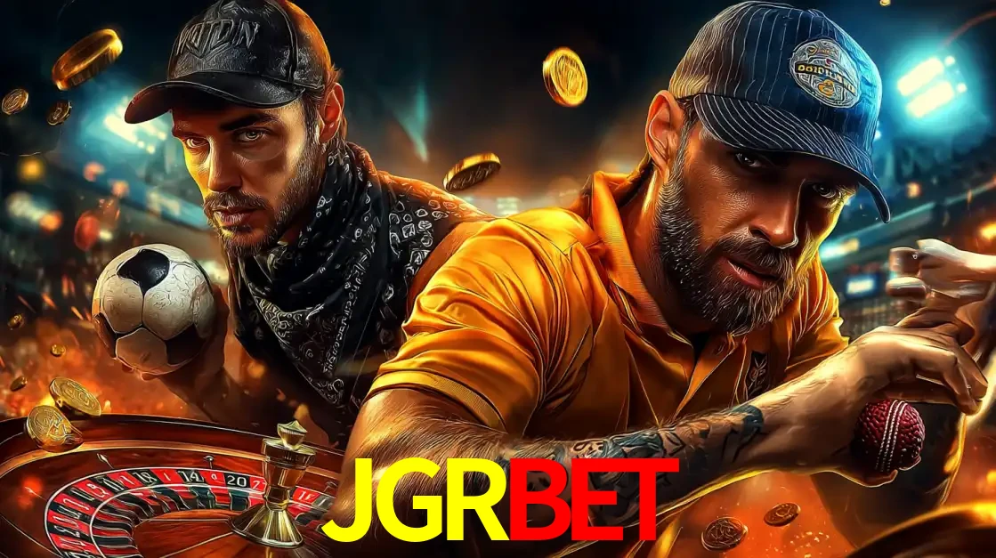 Montagem de apostas esportivas e cassino no JGRBET, com um homem segurando uma bola de futebol e outro uma de beisebol sobre uma roleta e moedas voadoras.