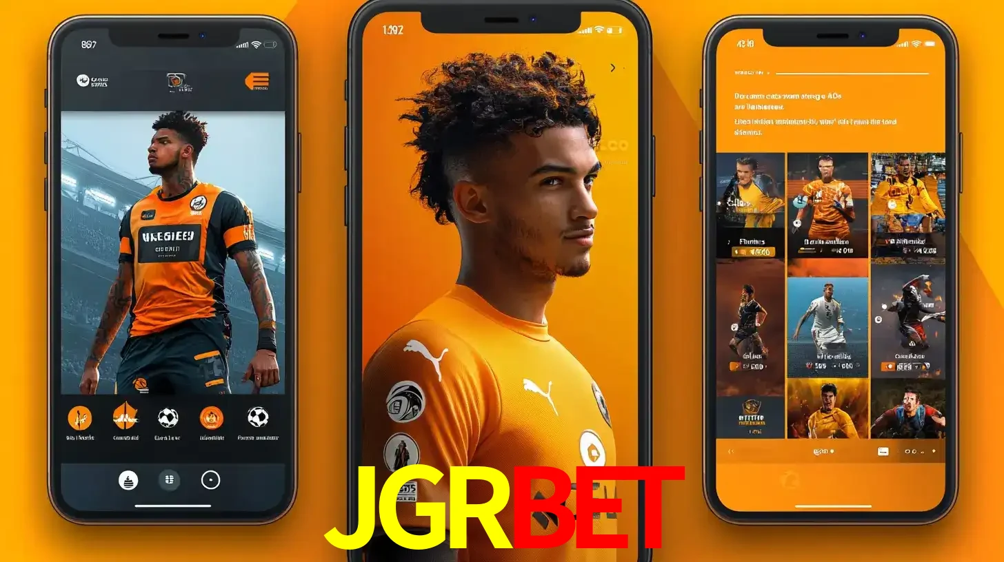 Interface do aplicativo de apostas esportivas JGRBET em três telas de celular, mostrando o perfil de um jogador de futebol e a lista de jogos disponíveis para apostar.