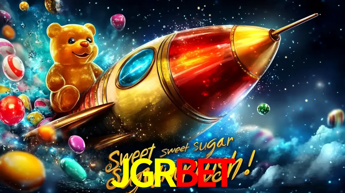Arte promocional do jogo de slot Sugar Rush, com um urso de pelúcia em um foguete viajando pelo espaço de doces, um dos jogos divertidos disponíveis no cassino JGRBET.