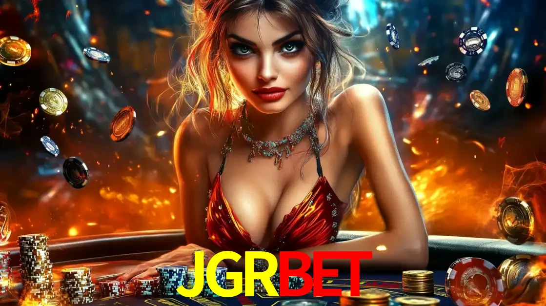 Mulher em uma mesa de cassino com pilhas de fichas e um fundo de fogo, pronta para uma rodada de altas apostas nos jogos de mesa emocionantes do cassino JGRBET.