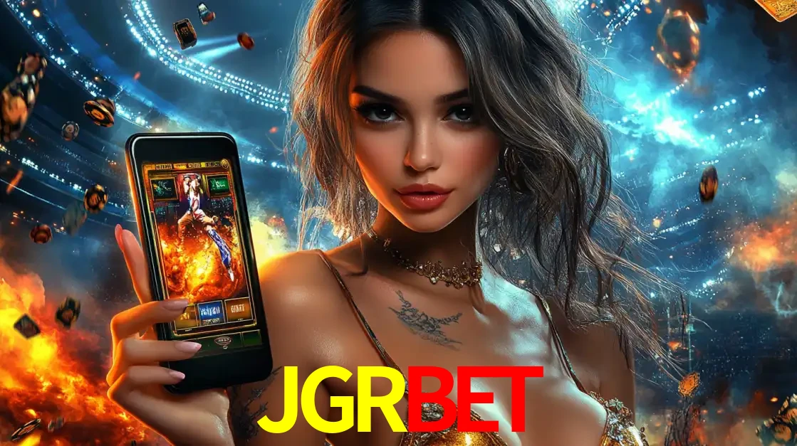 Mulher segurando um celular com um jogo de slot em destaque, tendo como fundo um estádio vibrante, simbolizando a emoção de jogar no cassino móvel JGRBET.