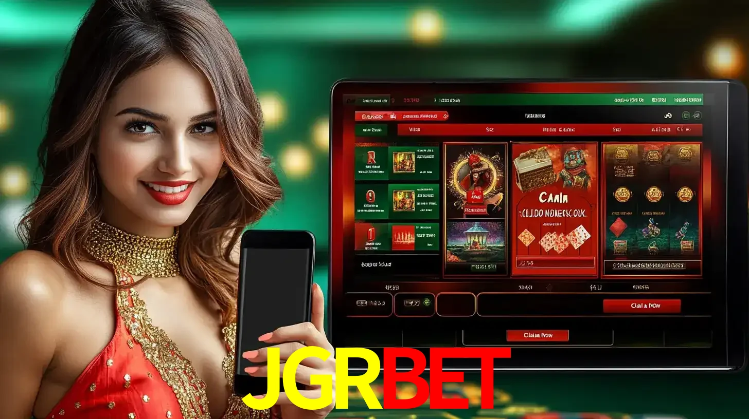 Mulher sorridente segurando um smartphone, ao lado de uma tela exibindo o lobby de jogos do cassino online JGRBET, com várias opções de jogos de cartas e slots.